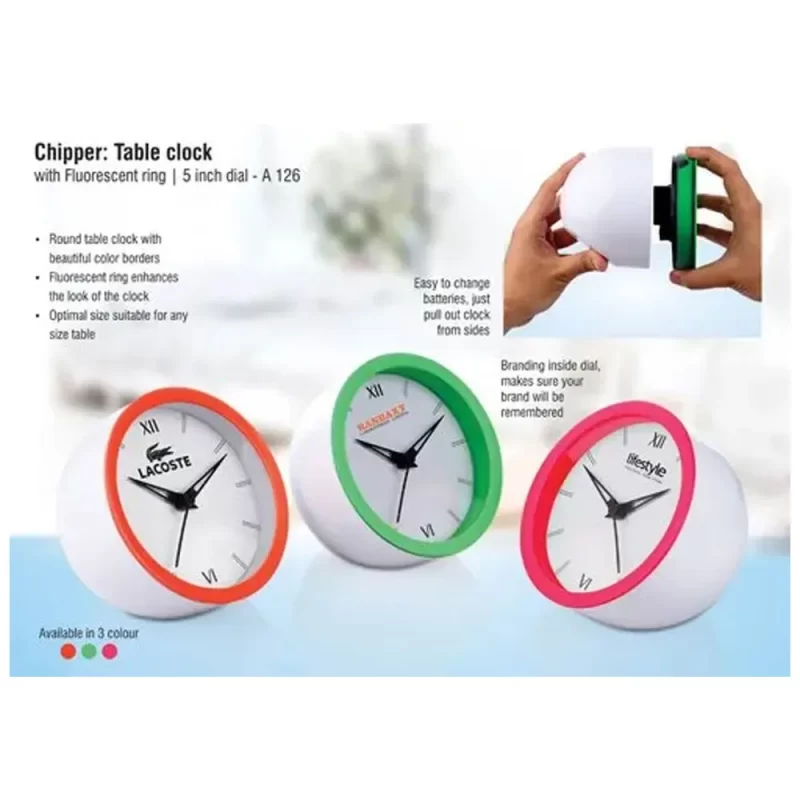 Planet Office Customised Table Clock, Beautiful Color Borders, Branding Inside Dial, Easy To Change Batteries, Available in Orange, Green and Pink Highlights, A 126