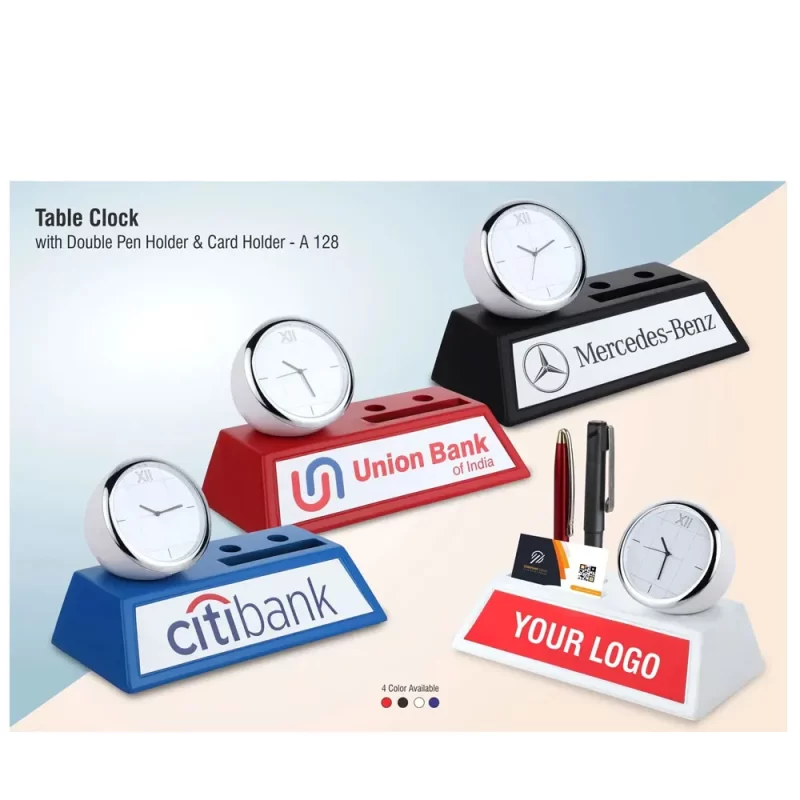 Planet Office Customised Table Clock With Pen and Card Holder, Fresh Table Top Design, Large Branding Area On Front, A 128