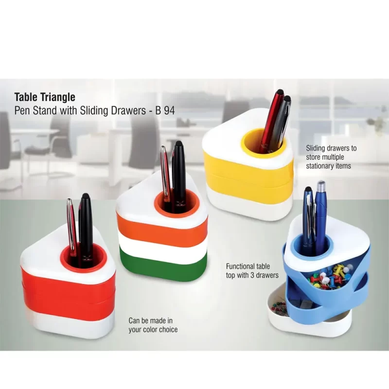 Planet Office Pen Stand With Sliding Drawers, Triangle Shape Excellent Table Top, 3 Sliding Drawers, A Pen Stand/Tumbler, Holds Stationery, Gives Table A Neat Look, B 94