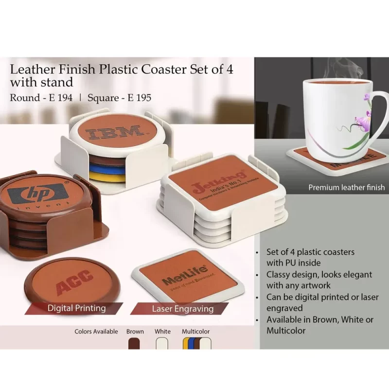 Planet Office Custom Leather Finish 4 Set Coaster Round, Round Shape With PU Inside, Classy Design, Digital Printed Or Laser Engraved, Stand Included, Brown, White or Multicolor, E 194