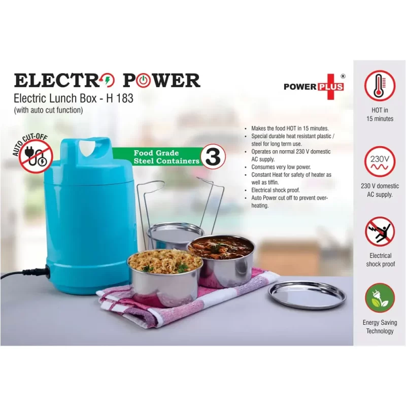 Power Plus Electric Steel Lunch Box, Stainless Steel Containers, Shock Proof, 230 V Domestic AC Supply, Consumes Low Power, Stainless Steel Lifter, H 183