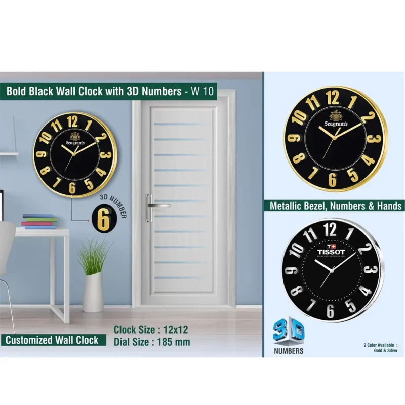 Planet Office Black Bold Wall Clock Featuring a Metallic Bezel, Hands and Numbers; Branding is Available, W 10