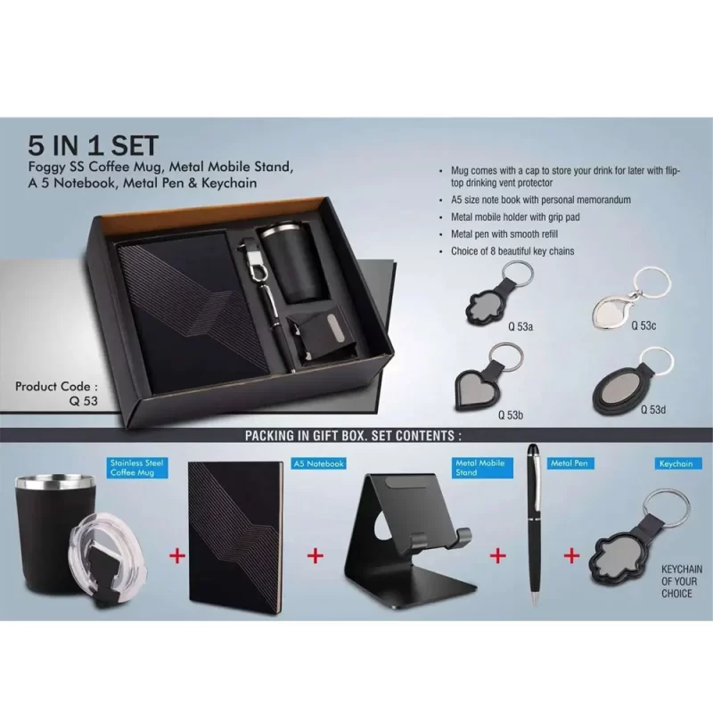 Planet Office 5 in 1 Welcome Kit, Includes Metal Mobile Stand, Pen, A5 Size Notebook, 350ml Stainless Steel Mug, keychains As Per Preference, Q 53