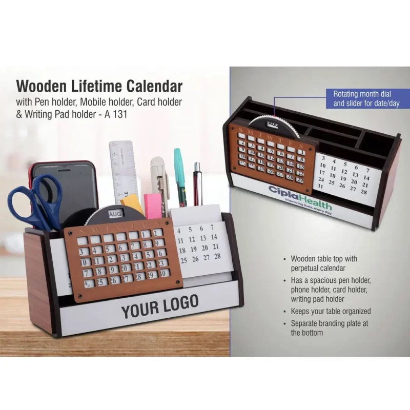 Planet Office Wooden Multi Purpose Stand, Rotating Month Dial, Spacious Pen, Phone, Card, Writing Pad Holder, Branding Plate, A 131