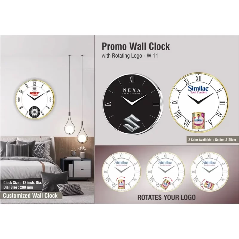 Planet Office Wall Clock, Metallic Bezel Variety Of Colors, Separate Seconds Hand, Logo Rotates To 360 Degrees, Moving Logo, W 11