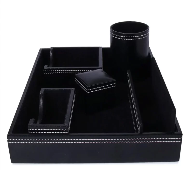 Planet Office Black Leather 6-In-1 Multipurpose Desk Organizer with Mobile and Remote Holder