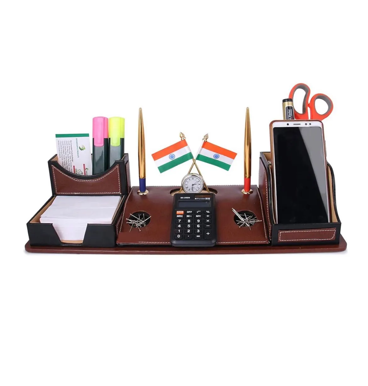 Planet Office Brown Leather Multipurpose Desk Organizer with Flag, Calculator and Mobile Holder