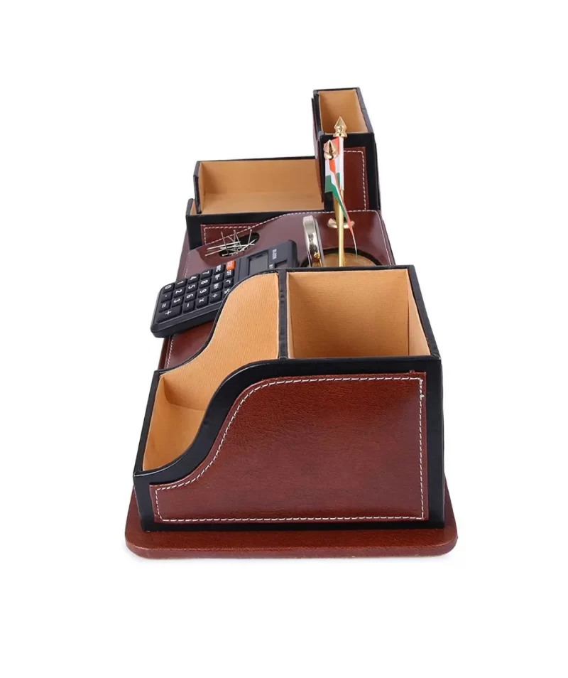 Planet Office Brown Leather Multipurpose Desk Organizer with Flag, Calculator and Mobile Holder