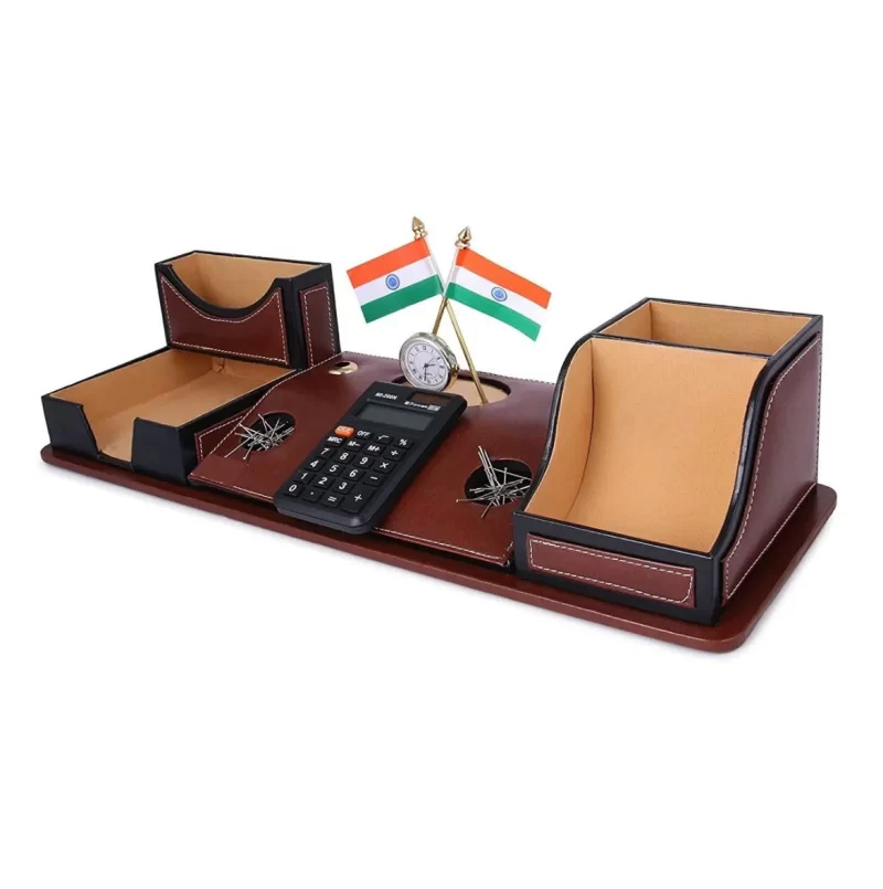 Planet Office Brown Leather Multipurpose Desk Organizer with Flag, Calculator and Mobile Holder