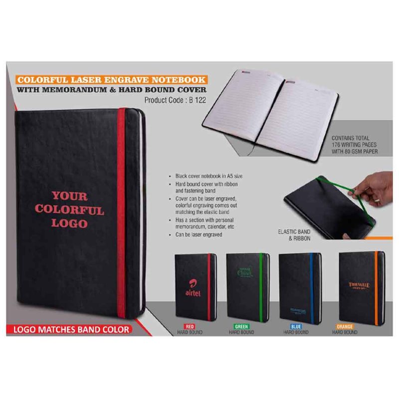 Planet Office Customised Notebook, Colourful Laser Engrave, Hard Bound Cover With Ribbon And Fastening Band, A5 Size Black Cover, B 122