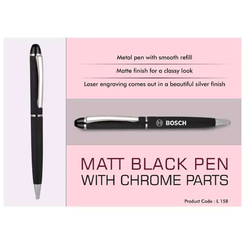 Planet Office Customised Metal Pen, Chrome Finish Parts, Smooth Refill, Classy Look, Mat Black Finish, Laser Engraving, L 158