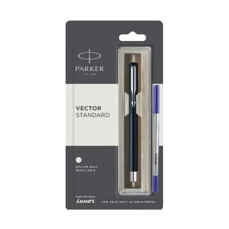 Parker Vector Standard Roller Ball Pen Chrome Trim Black Body Color, Black Ink Colour, Solid Plastic Glossy Black Design Body, Stainless-Steel Clip
