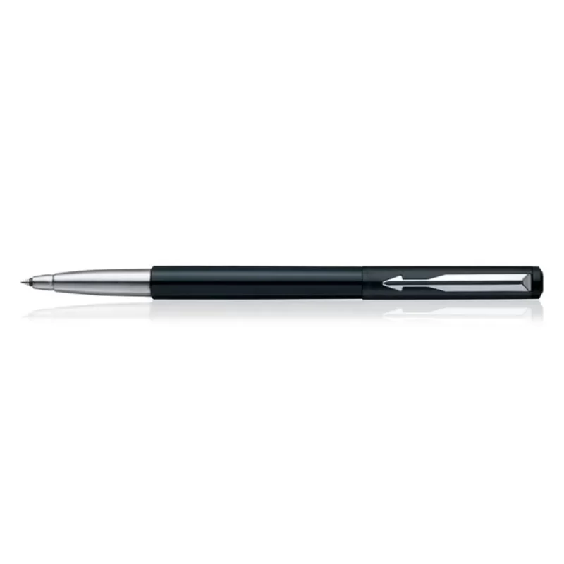 Parker Vector Standard Roller Ball Pen Chrome Trim Black Body Color, Black Ink Colour, Solid Plastic Glossy Black Design Body, Stainless-Steel Clip