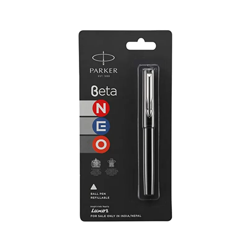 Parker Beta Neo Ball Pen, Blue Color Ink, Black Body Color, Ball Pen, Chrome Trim Fitted With M-Systemark, Comfortable Grip And Refillable