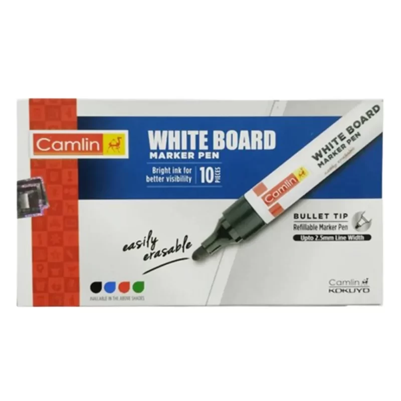 Camlin White Board Marker, Refillable Marker Pen, Easy to Erase with Duster, Tissue and Cloth, CE Certified, Bright Ink for Better Visibility, Bold Point, Pack of 10