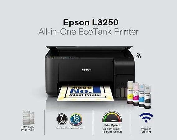 Epson Eco Tank L3250 Wi-Fi All-in-One Duplex Printer with Print, Scan, Copy, Designed for Home & Office, Spill-Free, Error-Free Refilling, Even Print Borderless Photos, Black