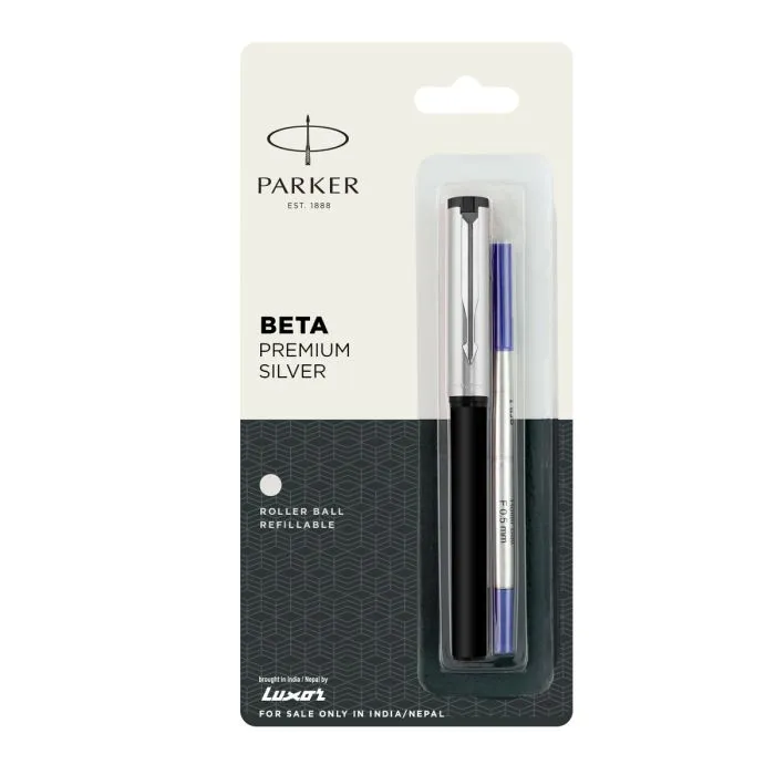 Parker Beta Premium Roller Ball Pen Chrome Trim Silver Finish Cap, ABS Plastic Body Material, Blue Ink Colour, Tungsten Carbide Ball Nib