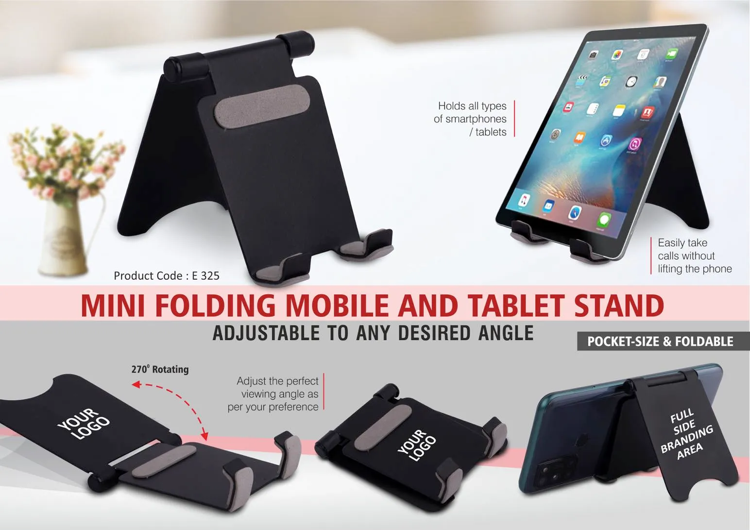 Planet Office Mobile and Tablet Stand, Anti-skid Pads to Guard Against Slips, Adjustable up to 270 Degrees, E 325