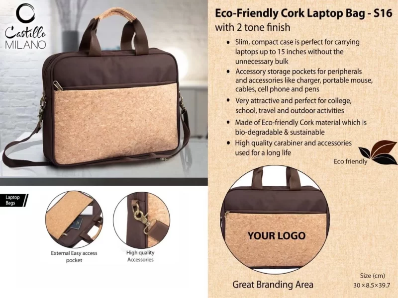 Castilo Milano Eco Friendly Laptop Bag, Holds Laptops Upto 15 Inches, Accessory Storage Pockets,Accessories Like Charger, Portable Mouse, Cables, Cell Phone and Pens, Eco-Friendly Cork Material, S 16