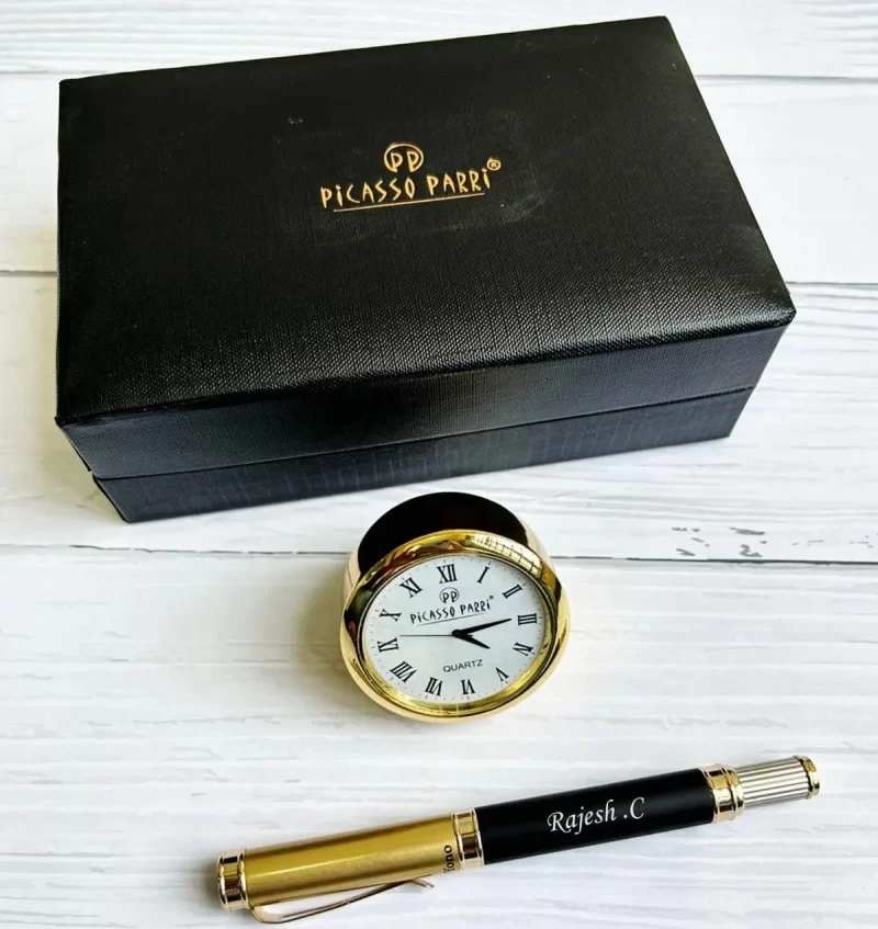 Picasso Parri Yono Black Color Body And Gold Cap Roller Ball Pen With Silver Trims And With Desktop Clock
