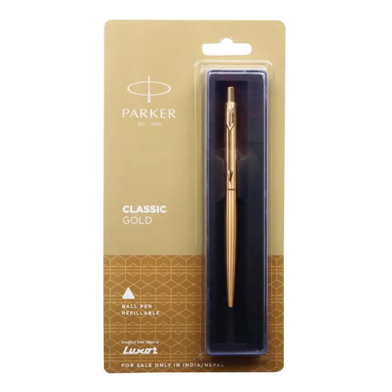 Parker Classic Stainless Steel Gold Ball Pen, Blue Color Ink, Push Mechanism Tip, Refilable Pen