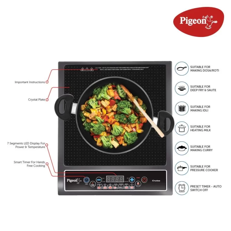 Pigeon Stovecraft - Cruise 1800W Electric Induction Cooktop with Crystal Glass, LED Display and Auto Switch-Off
