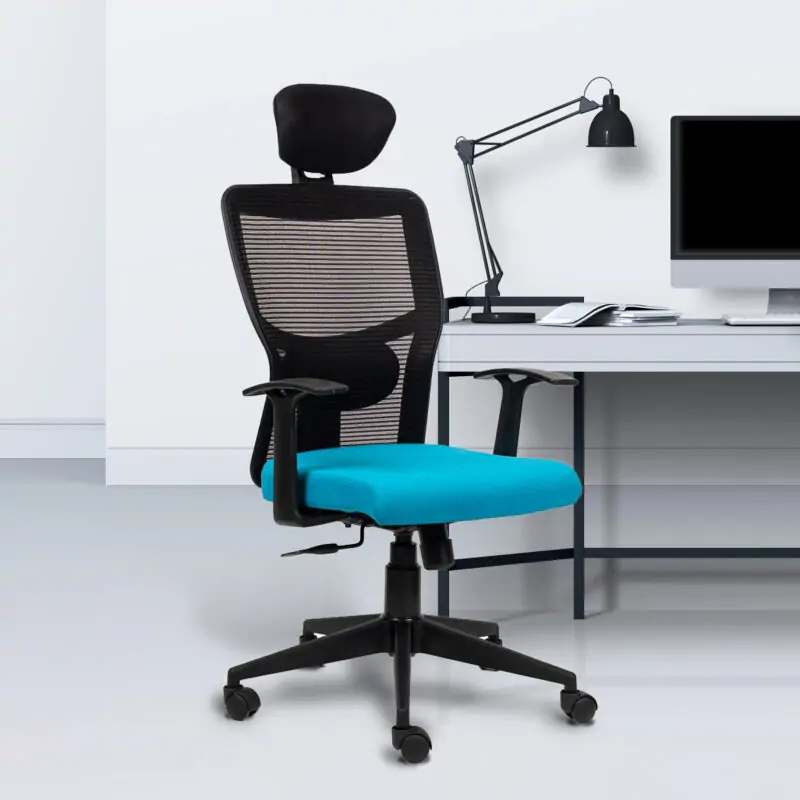 Planet Office Aura High Back Ergonomic Chair with Adjustable Neck Rest, Synchro Tilting Mechanism, Hydraulic Height Adjustment & Heavy Duty Wheels, Blue Seat