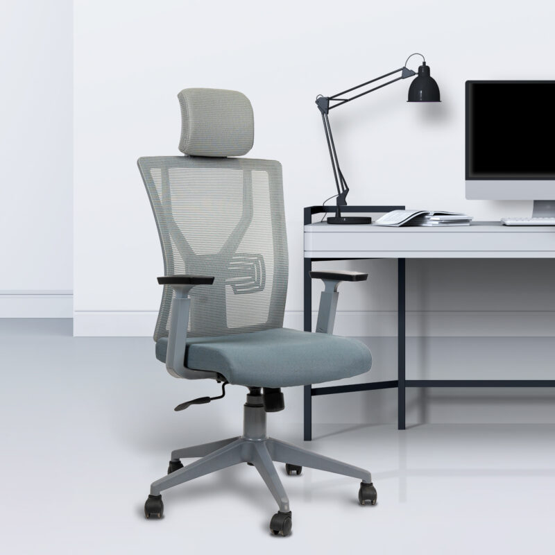 Planet Office Parker Grey High Back Ergonomic Chair with Adjustable Neck & Arm Rest, Synchro Tilting Mechanism, Hydraulic Height Adjustment & Heavy Duty Wheels, Grey Seat