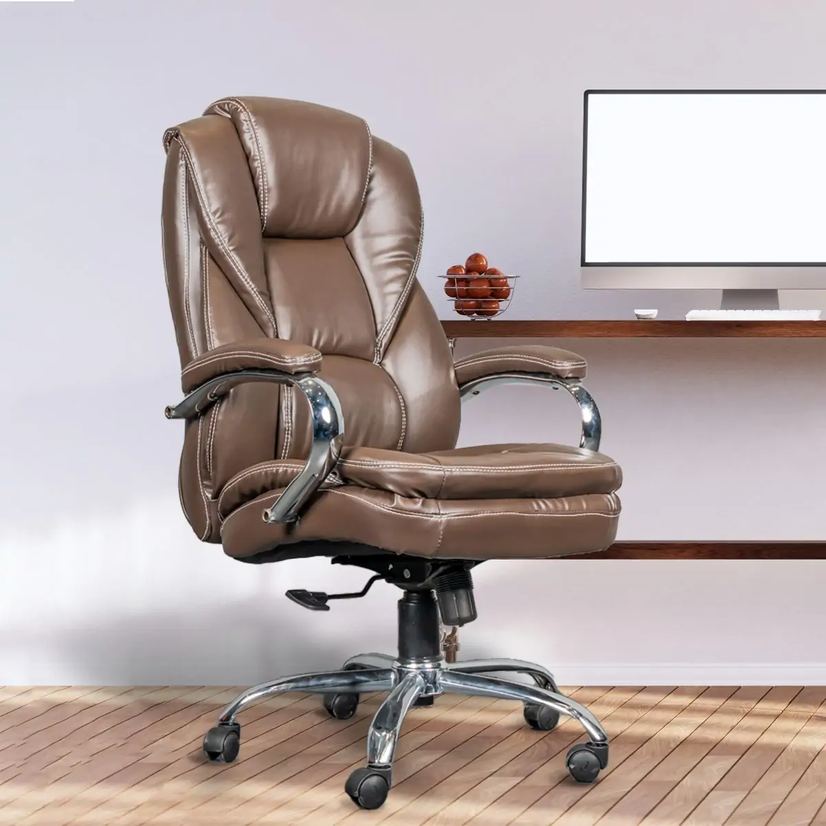 Planet Office Vatican High Back Boss Chair with Center Tilting Mechanism, Hydraulic Height Adjustment, Rexine Material & Heavy Duty Wheels, Brown Seat