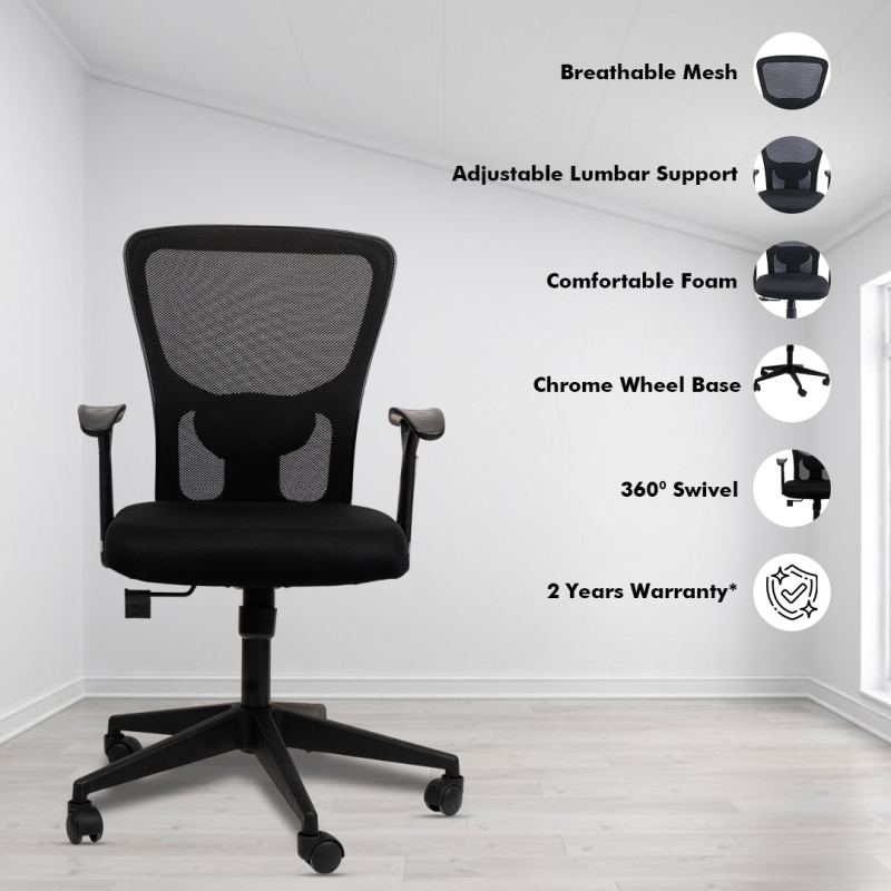 Planet Office Golf Medium Back Ergonomic Workstation Chair with Synchro Tilting Mechanism, Hydraulic Height Adjustment, and Heavy Duty Wheels, Black Seat - Image 2