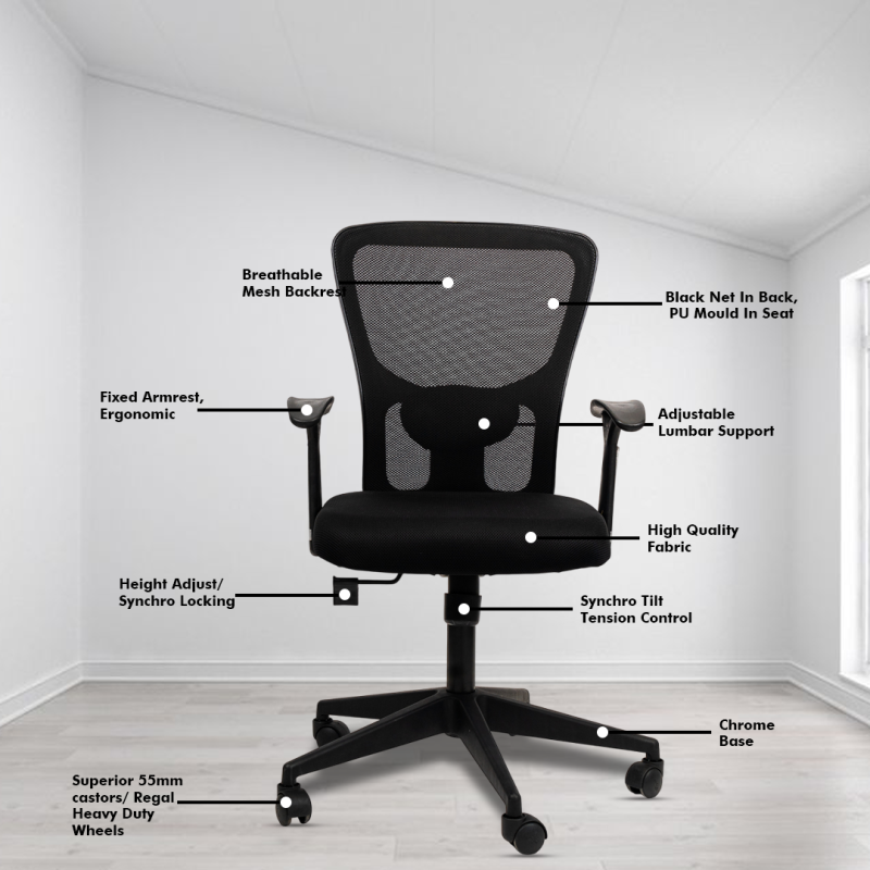 Planet Office Golf Medium Back Ergonomic Workstation Chair with Synchro Tilting Mechanism, Hydraulic Height Adjustment, and Heavy Duty Wheels, Black Seat - Image 3