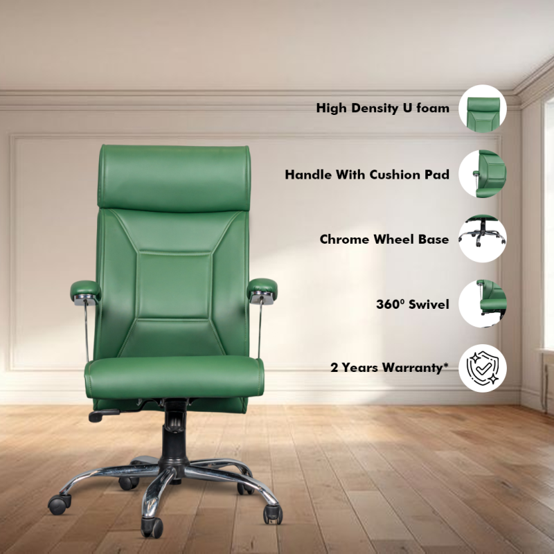 Planet Office Aaron High Back Ergonomic Boss Chair with Synchro Tilting Mechanism, Hydraulic Height Adjustment, Rexine Material & Heavy Duty Wheels, Green Seat - Image 2