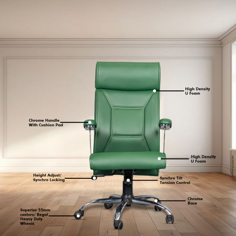 Planet Office Aaron High Back Ergonomic Boss Chair with Synchro Tilting Mechanism, Hydraulic Height Adjustment, Rexine Material & Heavy Duty Wheels, Green Seat - Image 3