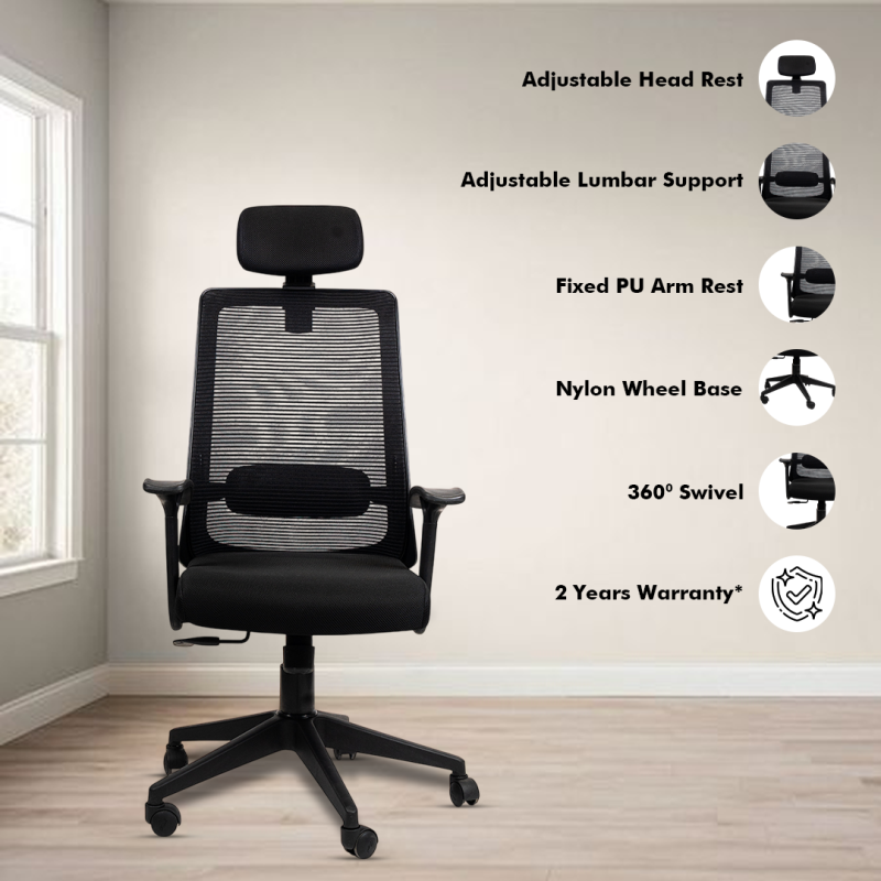 Ample High Back Ergonomic Chair with Adjustable Neck Rest, Synchro Tilting Mechanism, Hydraulic Height Adjustment & Heavy Duty Wheels, Black Seat - Image 2