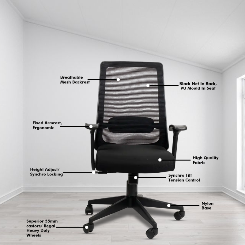 Ample Ergonomic Workstation Chair with Synchro Tilting Mechanism, Hydraulic Height Adjustment, and Heavy Duty Wheels, Black Seat - Image 3