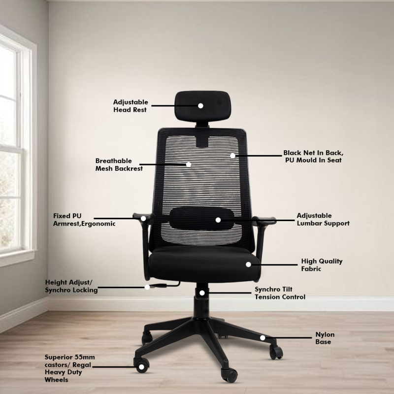 Ample High Back Ergonomic Chair with Adjustable Neck Rest, Synchro Tilting Mechanism, Hydraulic Height Adjustment & Heavy Duty Wheels, Black Seat - Image 3