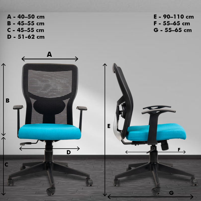 Planet Office Aura Medium Back Ergonomic Workstation Chair with Synchro Tilting Mechanism, Hydraulic Height Adjustment, and Heavy Duty Wheels, Blue Seat - Image 5