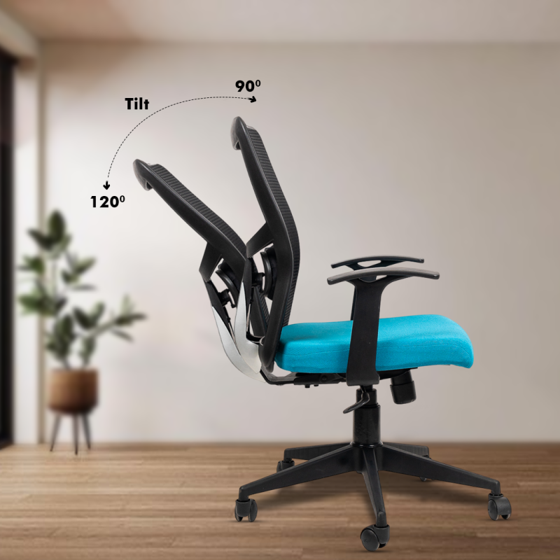 Planet Office Aura Medium Back Ergonomic Workstation Chair with Synchro Tilting Mechanism, Hydraulic Height Adjustment, and Heavy Duty Wheels, Blue Seat - Image 4