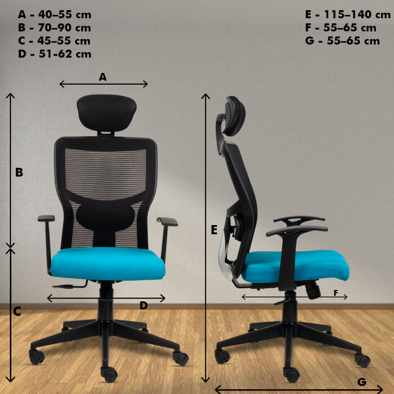 Aura High Back Ergonomic Chair with Adjustable Neck Rest, Synchro Tilting Mechanism, Hydraulic Height Adjustment & Heavy Duty Wheels, Blue Seat - Image 5