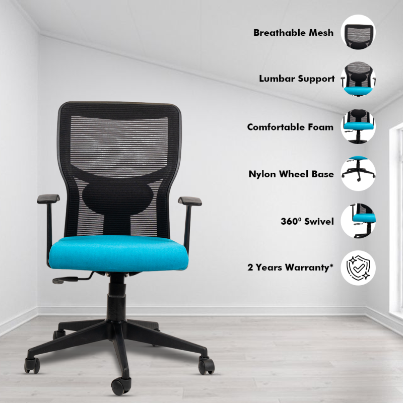 Planet Office Aura Medium Back Ergonomic Workstation Chair with Synchro Tilting Mechanism, Hydraulic Height Adjustment, and Heavy Duty Wheels, Blue Seat - Image 2