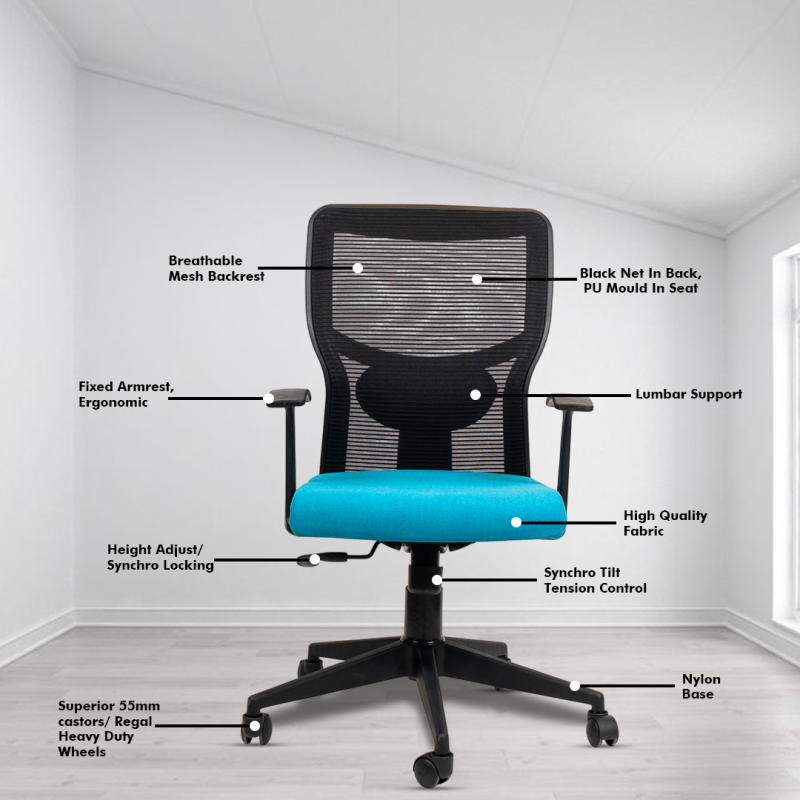 Planet Office Aura Medium Back Ergonomic Workstation Chair with Synchro Tilting Mechanism, Hydraulic Height Adjustment, and Heavy Duty Wheels, Blue Seat - Image 3