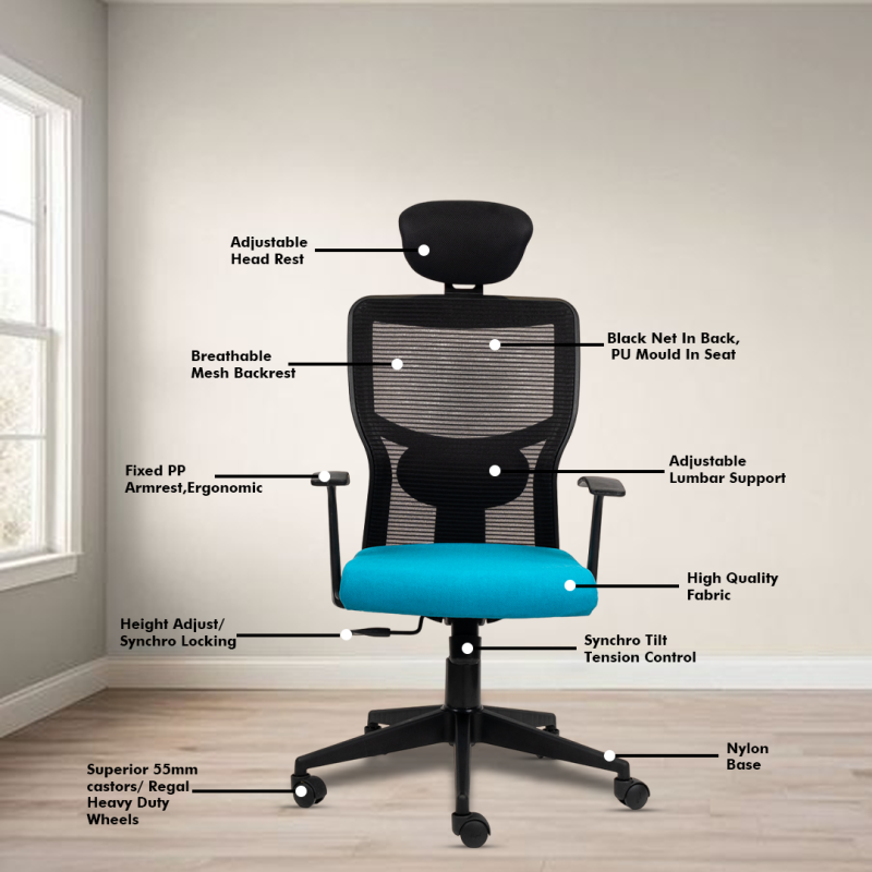 Aura High Back Ergonomic Chair with Adjustable Neck Rest, Synchro Tilting Mechanism, Hydraulic Height Adjustment & Heavy Duty Wheels, Blue Seat - Image 3