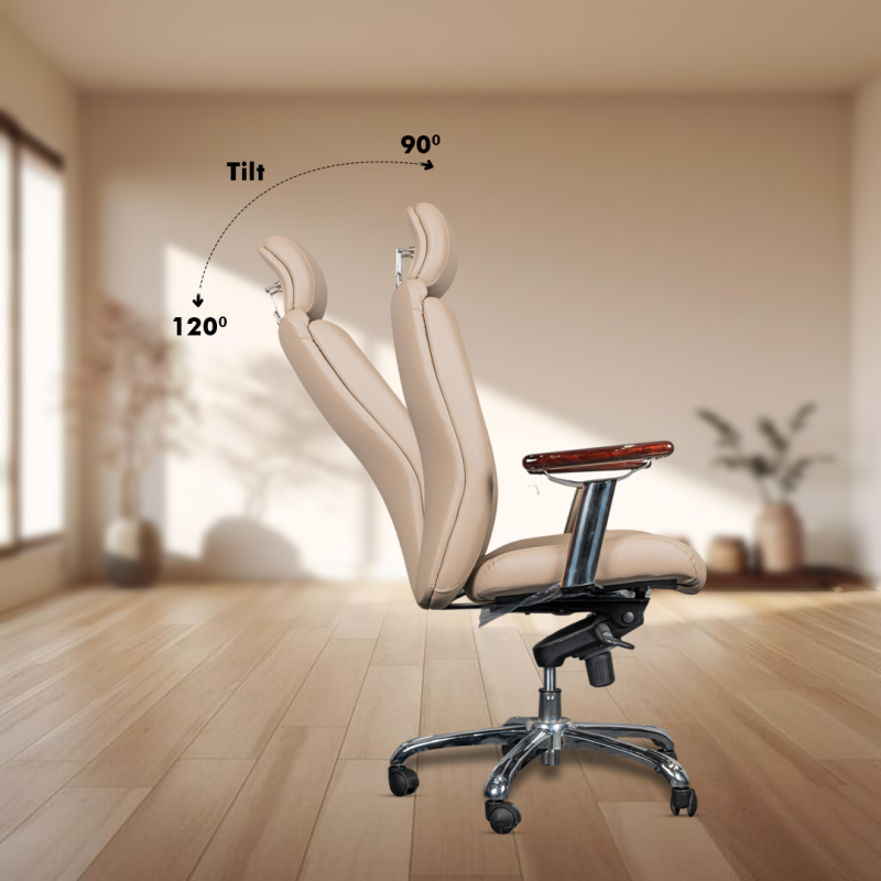 BOSS High Back Ergonomic Boss Chair with Adjustable Neck Rest, Synchro Tilt Locking Mechanism, Hydraulic Height Adjustment, Rexine Material & Heavy Duty Wheels, Beige Seat - Image 4