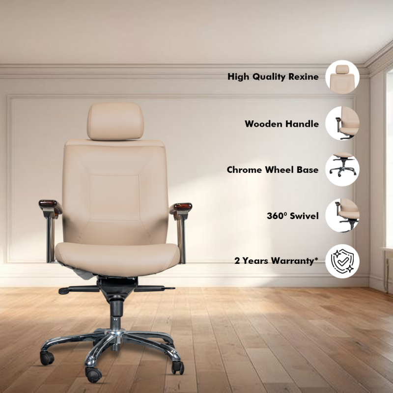 BOSS High Back Ergonomic Boss Chair with Adjustable Neck Rest, Synchro Tilt Locking Mechanism, Hydraulic Height Adjustment, Rexine Material & Heavy Duty Wheels, Beige Seat - Image 2