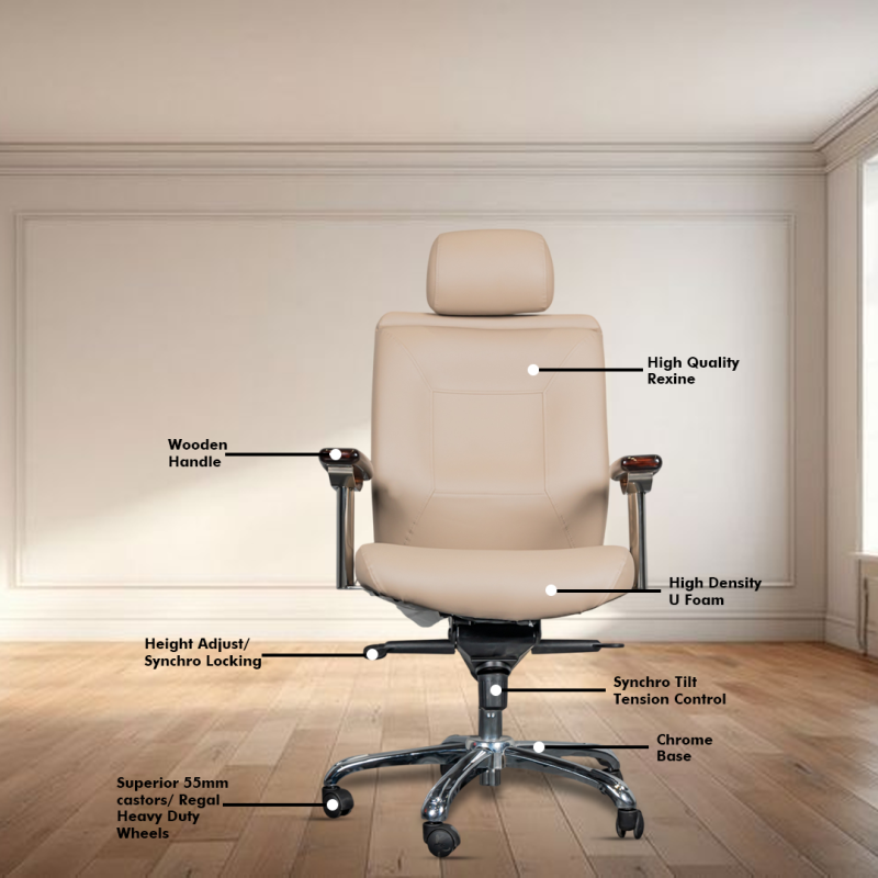 BOSS High Back Ergonomic Boss Chair with Adjustable Neck Rest, Synchro Tilt Locking Mechanism, Hydraulic Height Adjustment, Rexine Material & Heavy Duty Wheels, Beige Seat - Image 3