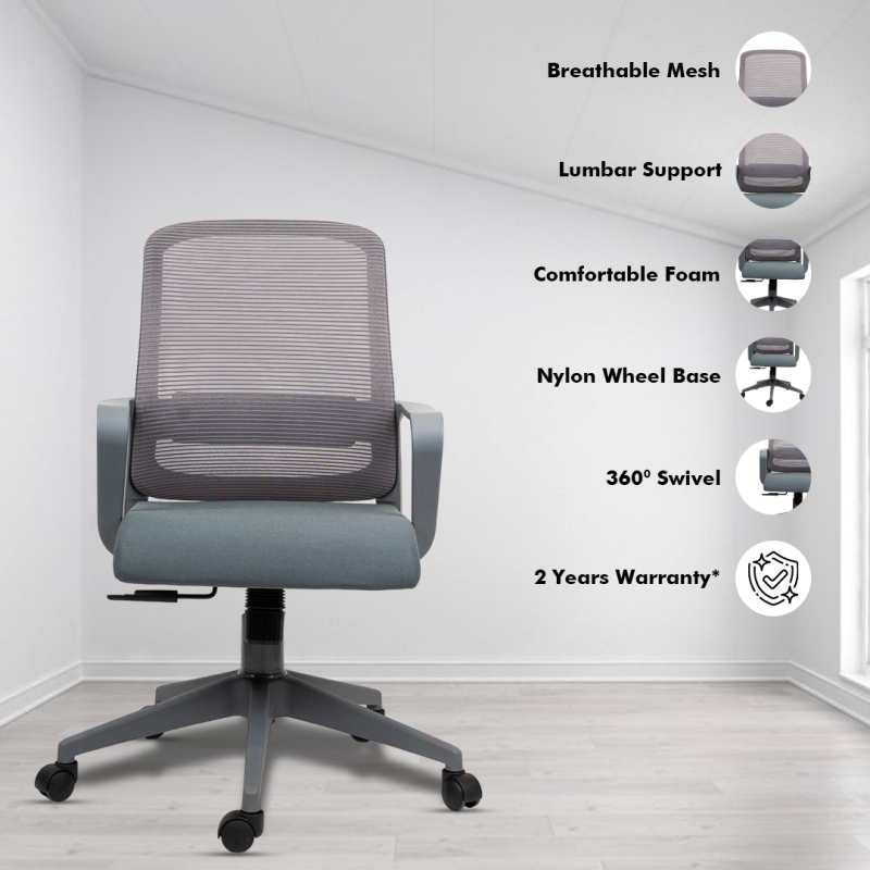 Colt Grey Medium Back Workstation Chair with Center Tilting Mechanism, Hydraulic Height Adjustment, and Heavy Duty Wheels, Gray Seat - Image 2