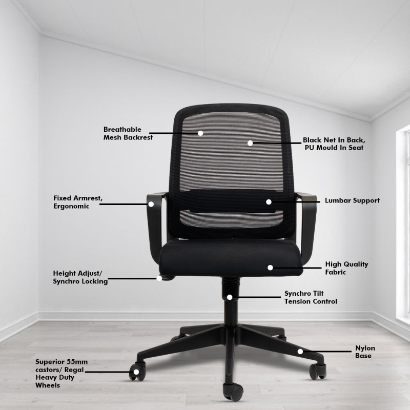 Planet Office Colt Black Workstation Chair with Center Tilting Mechanism, Hydraulic Height Adjustment, and Heavy Duty Wheels, Black Seat - Image 3