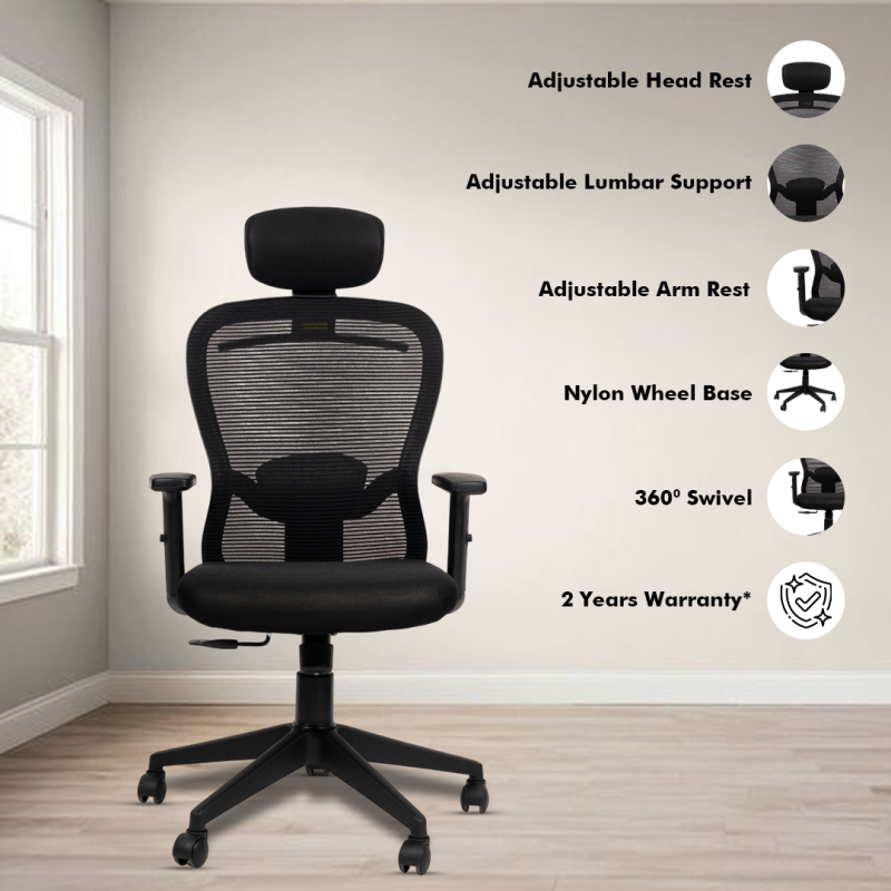 Dale High Back Ergonomic Chair with Adjustable Neck & Arm Rest, Synchro Tilting Mechanism, Hydraulic Height Adjustment & Heavy Duty Wheels, Black Seat - Image 2