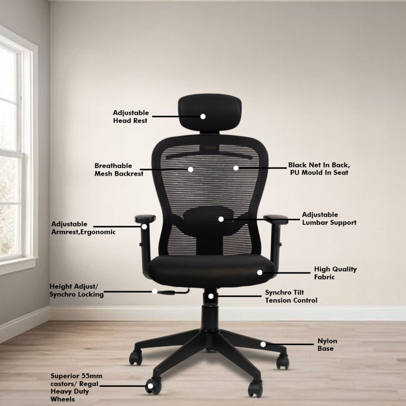 Dale High Back Ergonomic Chair with Adjustable Neck & Arm Rest, Synchro Tilting Mechanism, Hydraulic Height Adjustment & Heavy Duty Wheels, Black Seat - Image 3