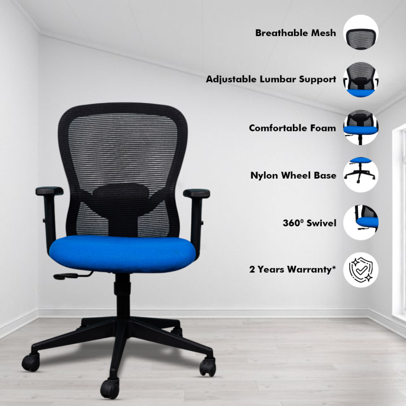 Dale Ergonomic Workstation Chair with Synchro Tilting Mechanism, Hydraulic Height Adjustment, and Heavy Duty Wheels, Blue Seat - Image 2